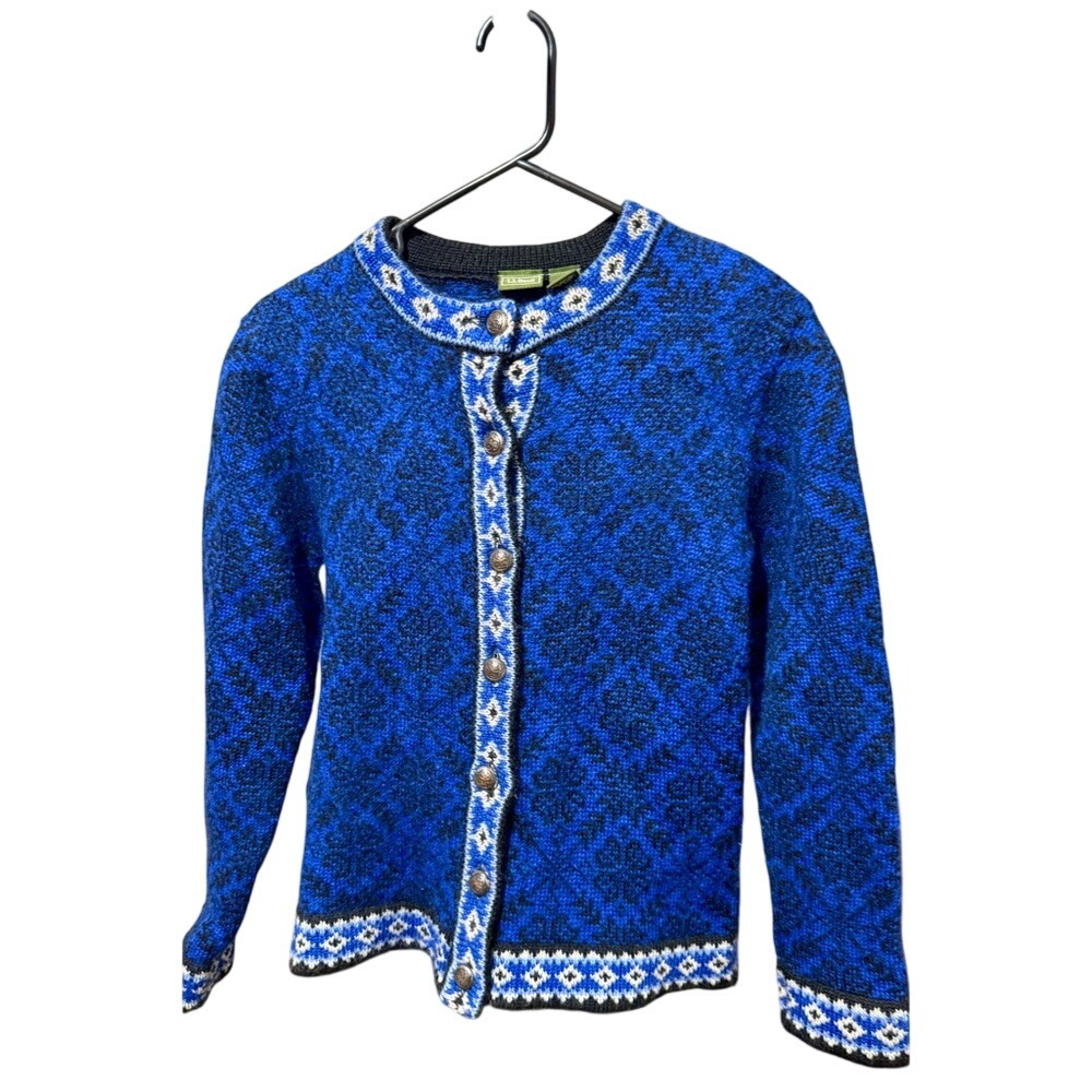 L.L.‎ Bean Blue Black White Merino Wool Cardigan Sweater
